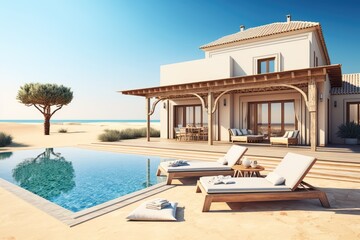 luxury beachfront villa with private pool, sun loungers and parasols, created with generative ai