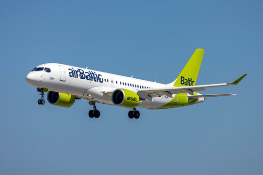 Luqa, Malta - March 26, 2023: Air Baltic Airbus A220-371 (REG: YL-ABK) operating a Swiss Air flight.