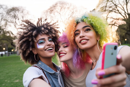 young fashion  girls with particular hairstyle and makeup making selfies outdoor and having fun together, generative ai illustration