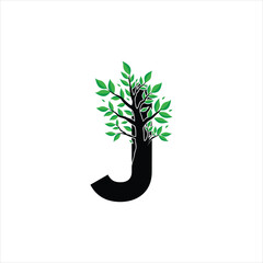 J letter with tree logo design icon symbol