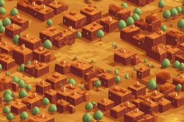 Isometric Illustrated Cartoon Cityscape Town Village Seamless Repeating Repeatable Texture Pattern Tiled Tessellation Background Image