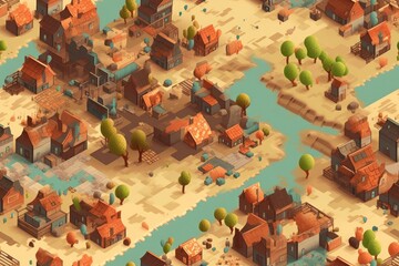 Fototapeta na wymiar Isometric Illustrated Cartoon Cityscape Town Village Seamless Repeating Repeatable Texture Pattern Tiled Tessellation Background Image