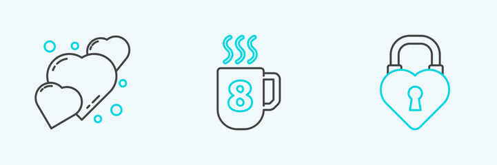 Set line Castle in the shape of a heart, Heart and Coffee cup with 8 March icon. Vector