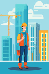 Flat color vector illustration of construction worker