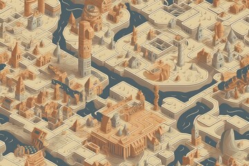 Isometric Illustrated Cartoon Cityscape Town Village Seamless Repeating Repeatable Texture Pattern Tiled Tessellation Background Image
