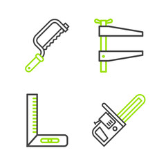 Set line Chainsaw, Corner ruler, Clamp tool and Hacksaw icon. Vector