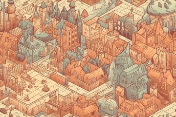 Obraz premium Isometric Illustrated Cartoon Cityscape Town Village Seamless Repeating Repeatable Texture Pattern Tiled Tessellation Background Image