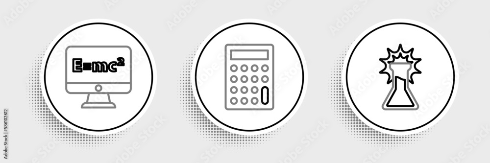 Poster set line test tube and flask, equation solution and calculator icon. vector