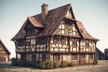 old house with a charming brown roof and numerous windows created with Generative AI technology