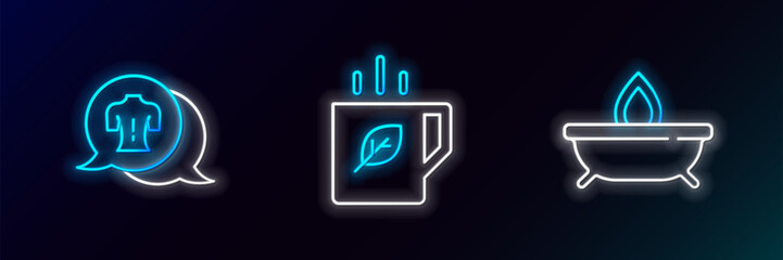 Set line Aroma candle, Massage and Cup of tea leaf icon. Glowing neon. Vector