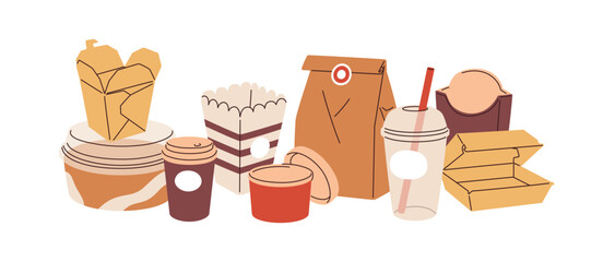 Delivery packages, cardboard boxes, containers, paper cups for takeaway food and drink. Different kind, type of carton packs for takeout snacks. Flat vector illustration isolated on white background