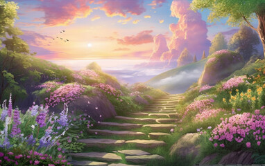 Stairs to heaven, shown in an uplifting style with bright colors and inspiring imagery, Generative AI
