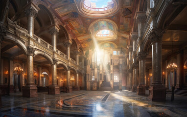 Majestic castle hall, shown in a grandiose style, Generative AI