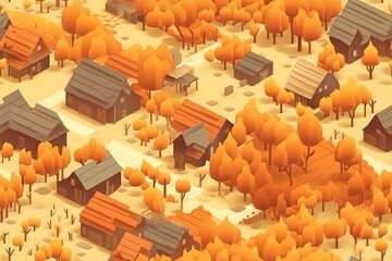 Fototapeta premium Isometric Illustrated Cartoon Cityscape Town Village Seamless Repeating Repeatable Texture Pattern Tiled Tessellation Background Image