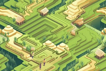 Isometric Illustrated Cartoon Cityscape Town Village Seamless Repeating Repeatable Texture Pattern Tiled Tessellation Background Image