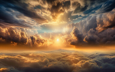 Magnificent cloudy sky with a sun shining in golden tone, Generative AI