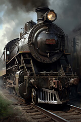 Fototapeta na wymiar An old steam locomotive rides on rails. AI Generated