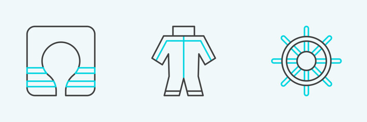 Obraz premium Set line Ship steering wheel, Life jacket and Wetsuit icon. Vector