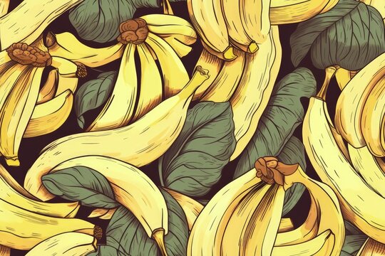bunch of ripe yellow bananas with fresh green leaves on top created with Generative AI technology