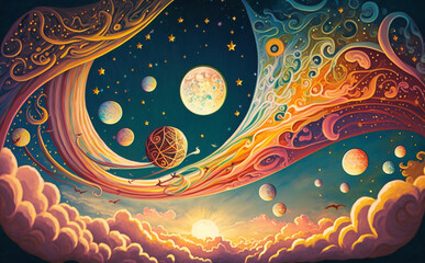 A fantastical depiction of the sky, rendered in a whimsical style with colorful stars and magical orbs, Generative AI