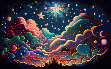 A fantastical depiction of the sky, rendered in a whimsical style with the image evoking a sense of wonder and magic, Generative AI