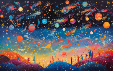 A fantastical depiction of the sky, rendered in a whimsical style with bold colors and playful imagery, Generative AI