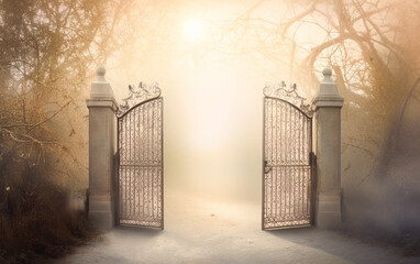 Heaven's gate, represented as a gate to shining garden, Generative AI