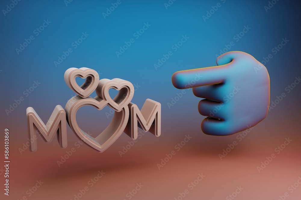 Poster Beautiful illustrations abstract Hand index finger points to word MOM with heart symbol icon on a multicolor bright background. 3d rendering illustration. Background pattern for design. Mothers Day.
