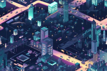 Obraz premium Isometric Illustrated Cartoon Cityscape Town Village Seamless Repeating Repeatable Texture Pattern Tiled Tessellation Background Image