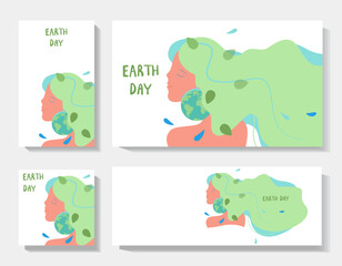 Postcards with image of Mother Earth and planet Earth. Colorful flat vector illustration on white backgrounds.