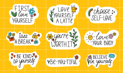 Set of Love Yourself Stickers. Love Yourself Phrases. Quotes Self-care. Health Mental Concept. Elements for print, postcard and poster. Vector illustration - obrazy, fototapety, plakaty