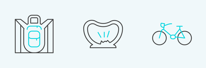 Set line Bicycle, Hiking backpack and punctured tire icon. Vector