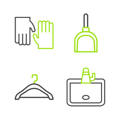 Set line Washbasin, Hanger wardrobe, Dustpan and Rubber gloves icon. Vector