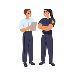 Fototapeta premium Police officer and detective agent communication. Investigator from FBI talking, speaking with policewoman, cop partner, work together. Flat graphic vector illustration isolated on white background
