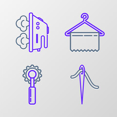 Set line Needle for sewing with thread, Cutter tool, Hanger wardrobe and Electric iron icon. Vector