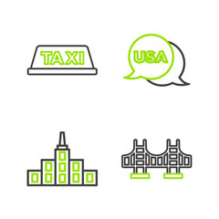 Set line Golden gate bridge, City landscape, USA Independence day and Taxi car roof icon. Vector