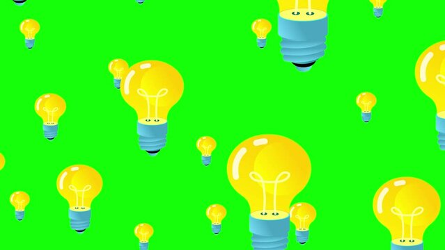 Cartoon bulbs flying on green screen background. Surrealistic isometric animation for illustrating law, justice, themis, etc... Seamless loop.