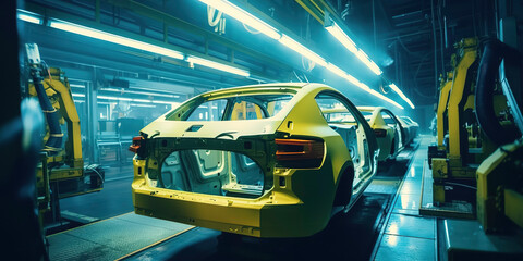 New car manufacturing: Robotic arm expertly welding vehicle bodies on the assembly line. Generative AI