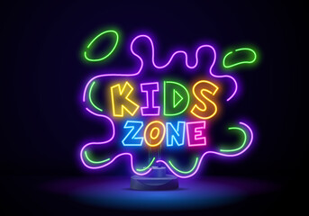 Kids zone neon text with toy car. Amusement park and advertisement design. Night bright neon sign, colorful billboard, light banner. Vector illustration in neon style.