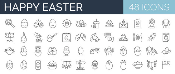 Set of 48 outline icons related to Easter Eggs, egg hunt, paint, decoration. Vector illustration. Editable stroke