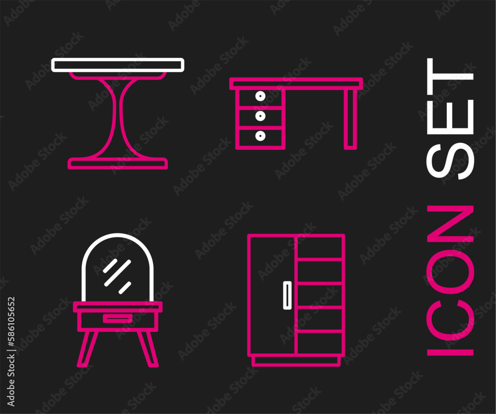 Sticker set line wardrobe, dressing table, office desk and round icon. vector