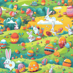 Obraz na płótnie Canvas Easter holiday seamless tileable pattern with colorful eggs and bunnies on a green landscape