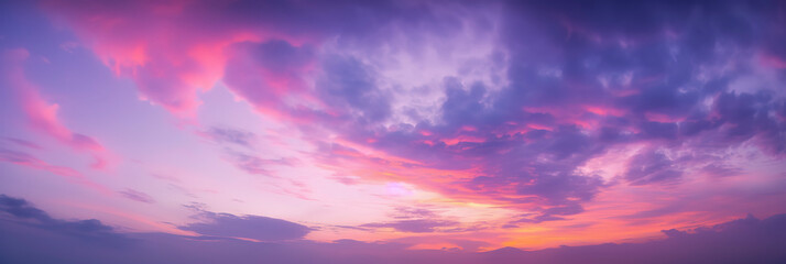 Stunning sunset panorama with shades of pink and purple painting the sky. Generative AI