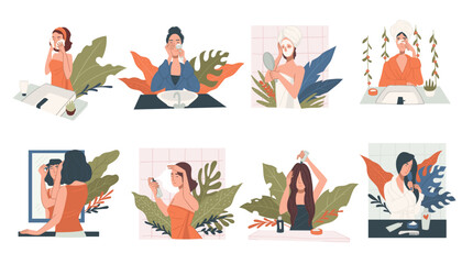 Female characters doing beauty procedures at home