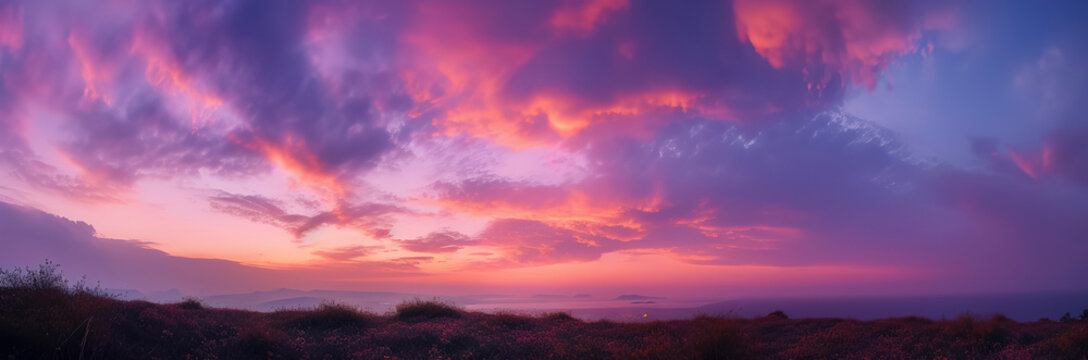Sky panorama: mesmerizing interplay of pink and purple tones at sunset. Generative AI
