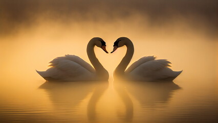 Swans form a heart from their necks on a lake with morning fog in sunrise with Generative AI.