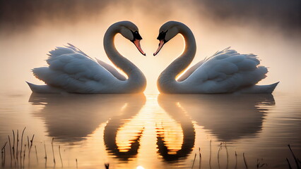 Swans form a heart from their necks on a lake with morning fog in sunrise with Generative AI.