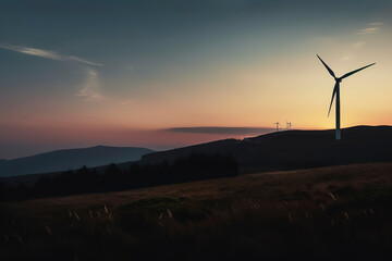 Obraz premium Silhouette of wind turbine on ridge, optimized for effective renewable electricity production. Generative AI