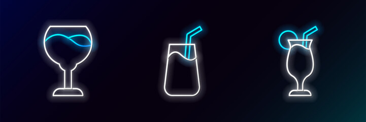 Set line Cocktail, Wine glass and icon. Glowing neon. Vector
