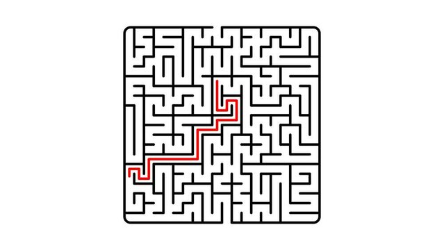 Animated red line moves through maze. Making right decision. Success in business. Making difficult decisions in times of crisis. Puzzles and games for development of intelligence. Looped video